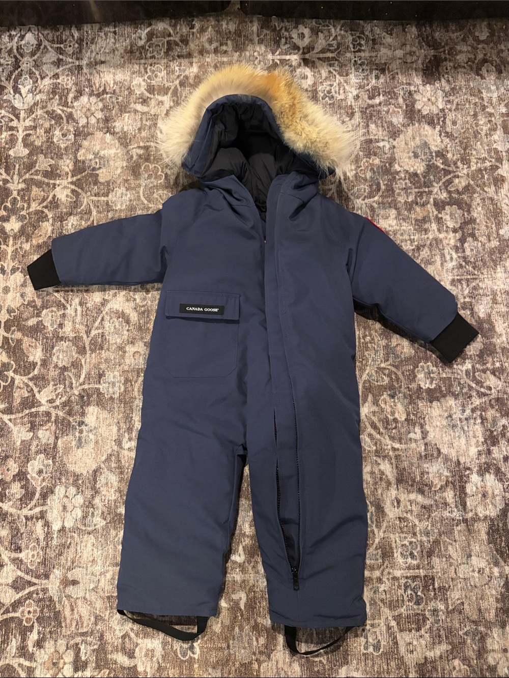 Canada Goose Kids Navy Blue One-Piece Snowsuit with Fur-Trim Hood 18-24 Months